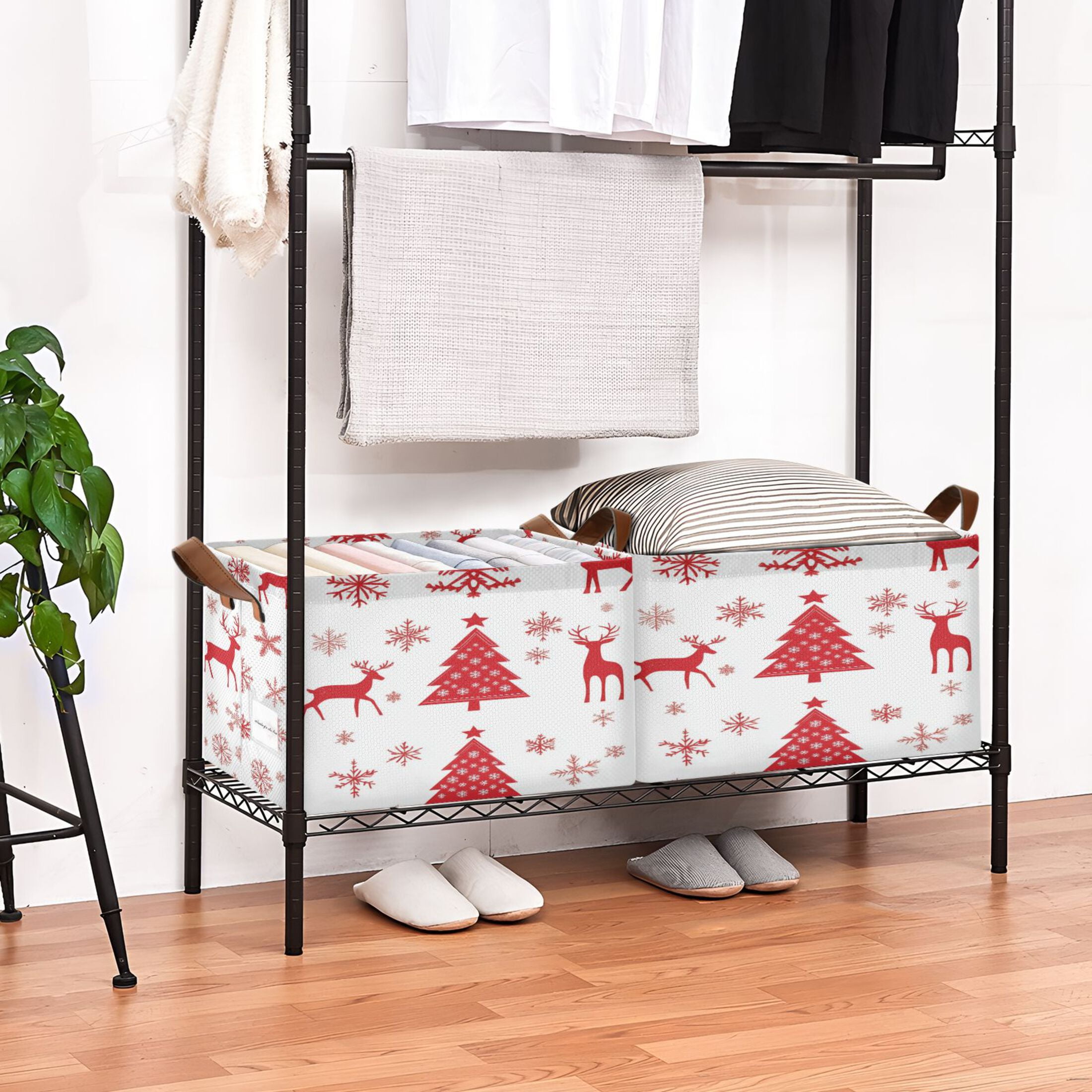 BZSMCE Collapsible Fabric Cube Storage Bins Red Christmas Pattern Design Pattern Storage Box