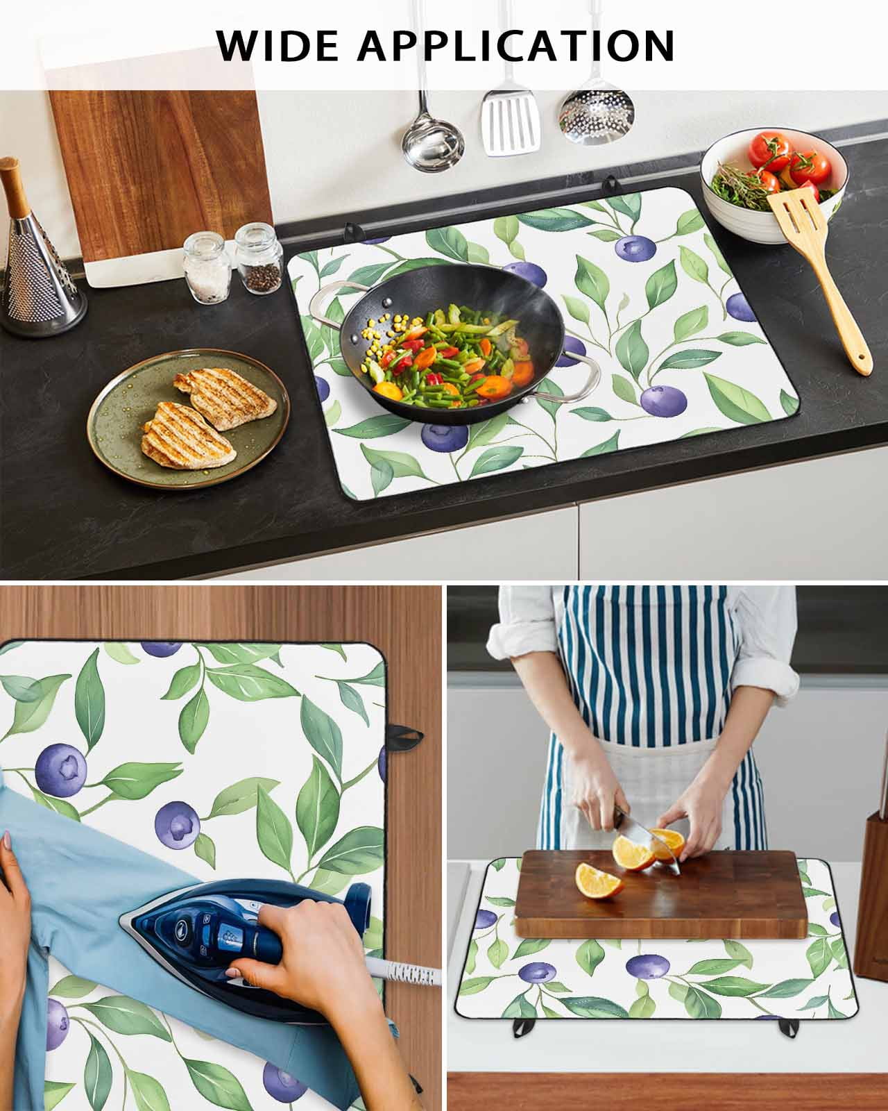 nqOlkjepod Large Induction Cooktop Protector Mat 24"x21", Summer Fruit Stove Top Covers for Electric Stove, Blue Berry Vintage Leaf Watercolor Green Stove Burner Cover Mats, Glass Top Stove Cover