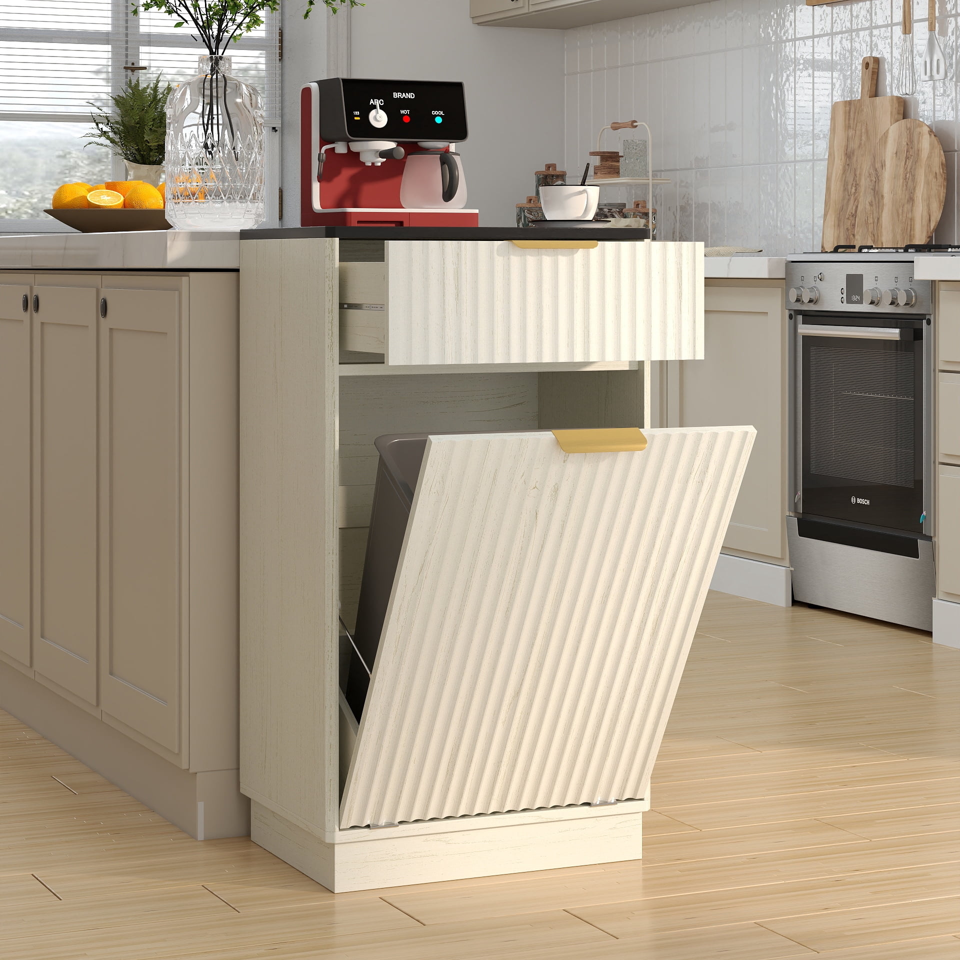 TrumanPick Single Tilt Out Trash Can Cabinet for 10 Gallon Pull-Out Waste Bin, Free Standing Kitchen Trash Can with Drawers, Ancient White