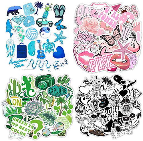 Yellow+Blue+Pink+Green 4 Colors Unique Durable Aesthetic Trendy Stickers 200-Pcs Cute Mixed Stickers for Water Bottles Funny Waterproof Vinyl Stickers Decals for Teens,Girls and Women