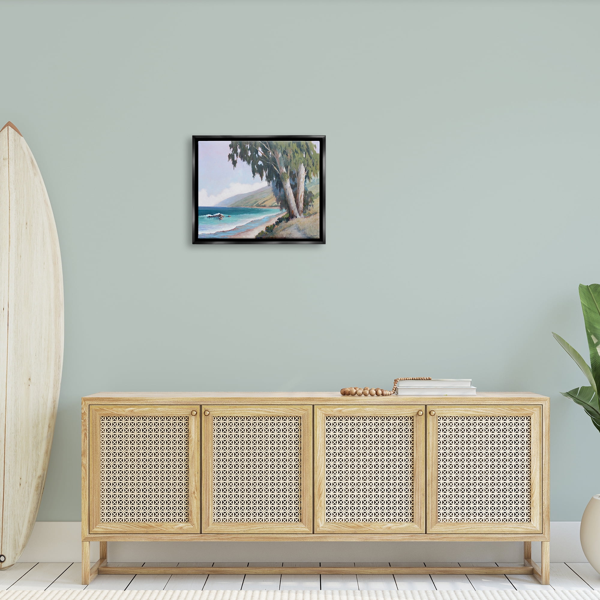 Stupell Seaside Vegetation Beach Waves Cove Landscape Painting Black Floater Framed Art Print Wall Art