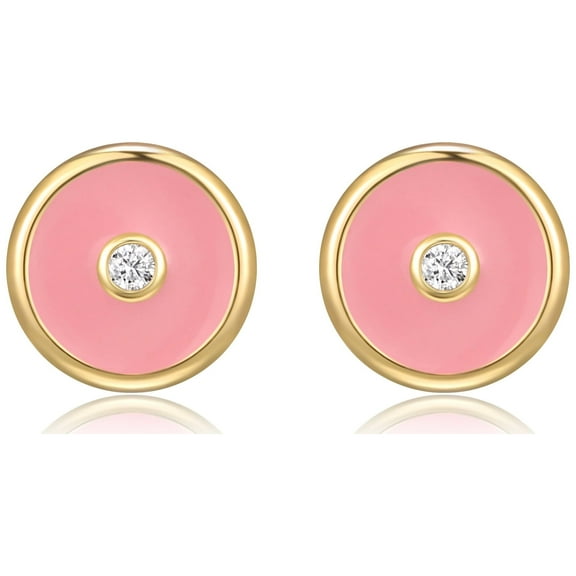 Forever Facets Women's Gold over 925 Sterling Silver CZ and Pink Epoxy Round Stud Earring Jewellery