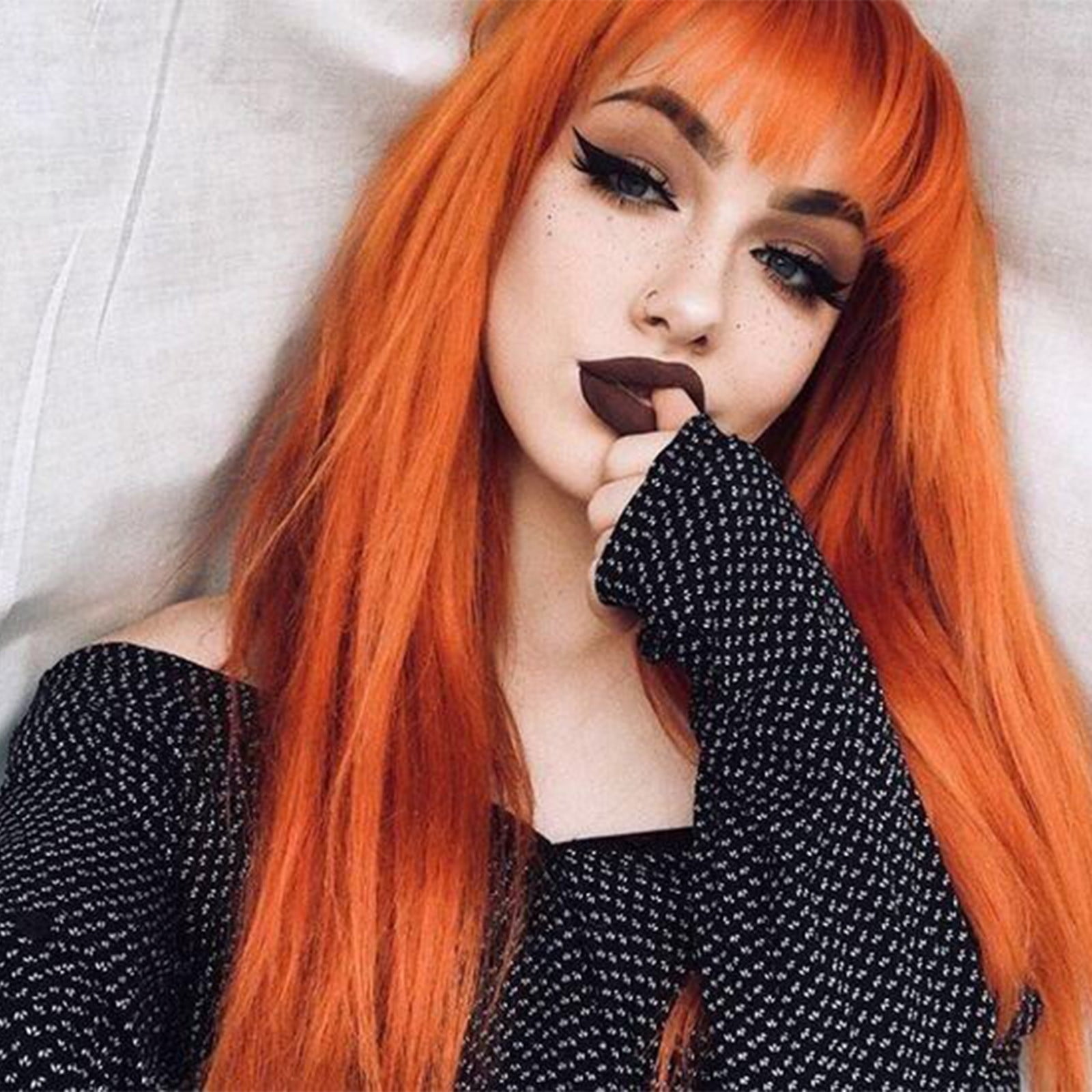 YSGFHGJW Human Hair Wig,Long Straight Wig With Bangs Hair Wig For Women Synthetic Natural Wig ,Various Colors Available,Daily Wear Party And Cosplay Soft Wig,Orange