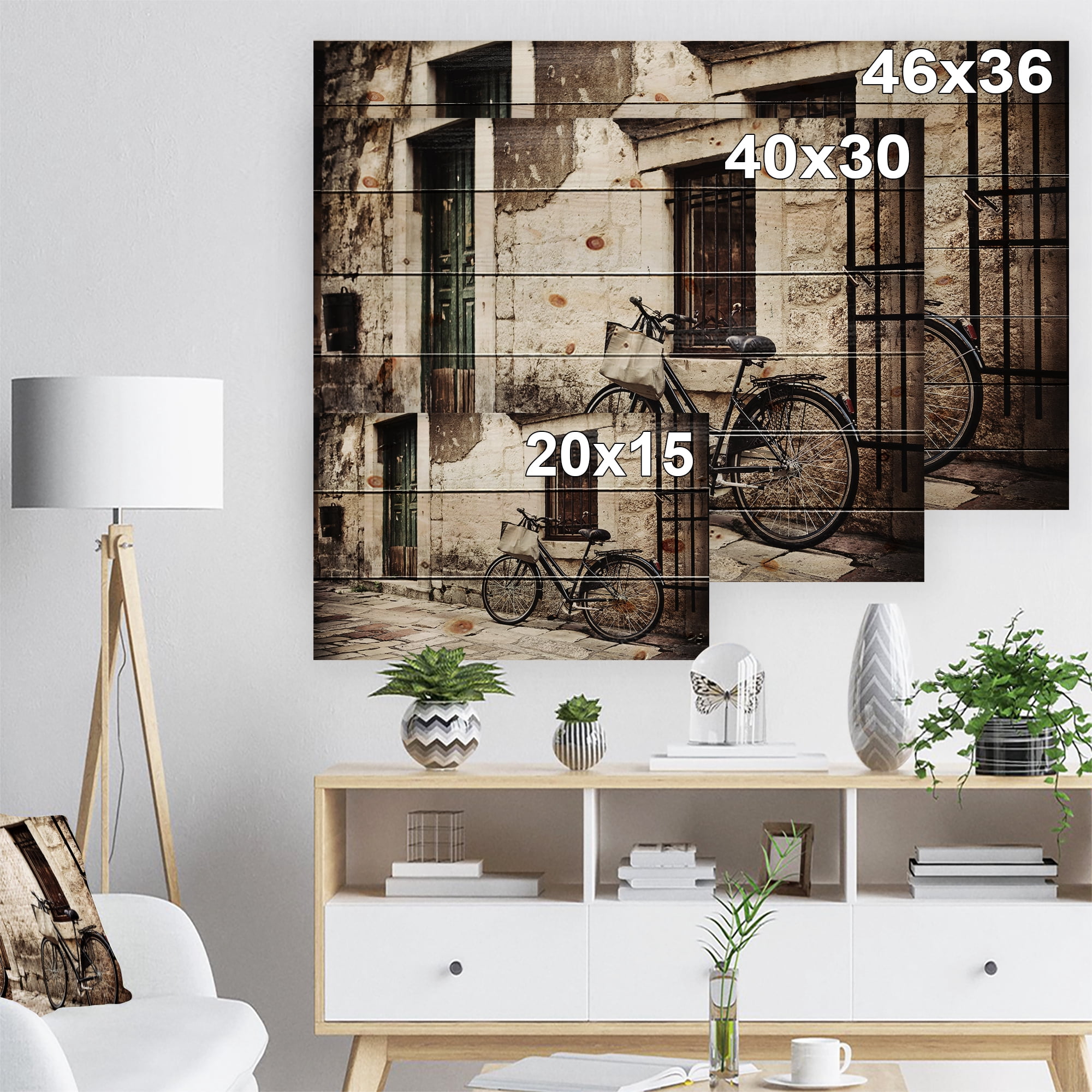 Designart 'Shopping Bag On Bicycle Vintage Paris Street' Landscape Photo Print on Natural Pine Wood