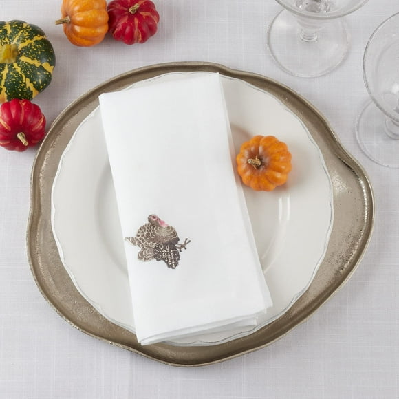 Fennco Styles Country Embroidered Turkey Cloth Napkins 20" W x 20" L, Set of 4 - White Holiday Dinner Napkins for Thanksgiving, Dining Table, Family Gatherings, Banquets & Home Décor