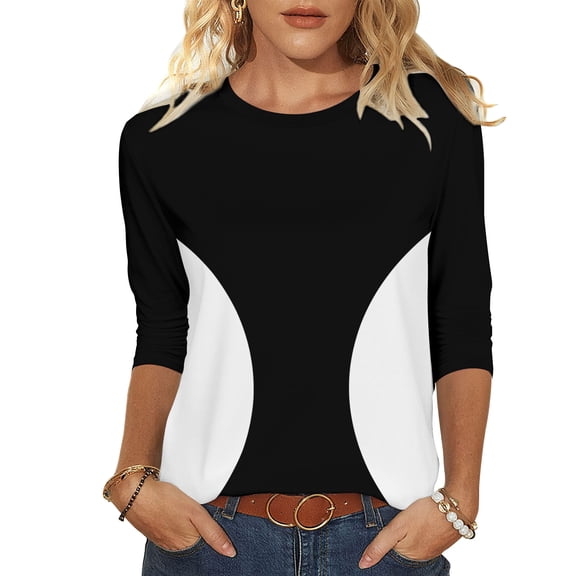 Htigea Womens 3/4 Sleeve Tops Casual Crewneck Pullover T-Shirt Color Block Tees Dressy Work Office Blouses Black S