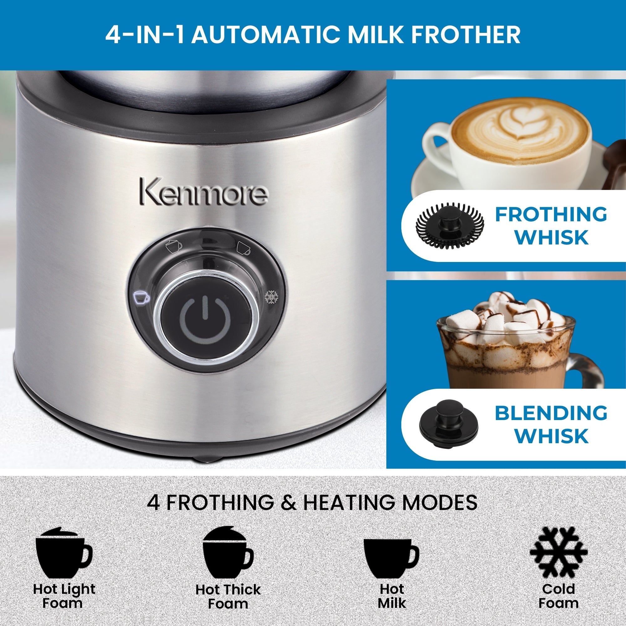 Kenmore Automatic Milk Frother & Steamer | 4-in-1 Hot & Cold Foam Maker | 16oz Detachable Milk Pitcher | Quiet Electric Milk Warmer | Coffee Latte Cappuccino Macchiato Hot Chocolate | Stainless Steel