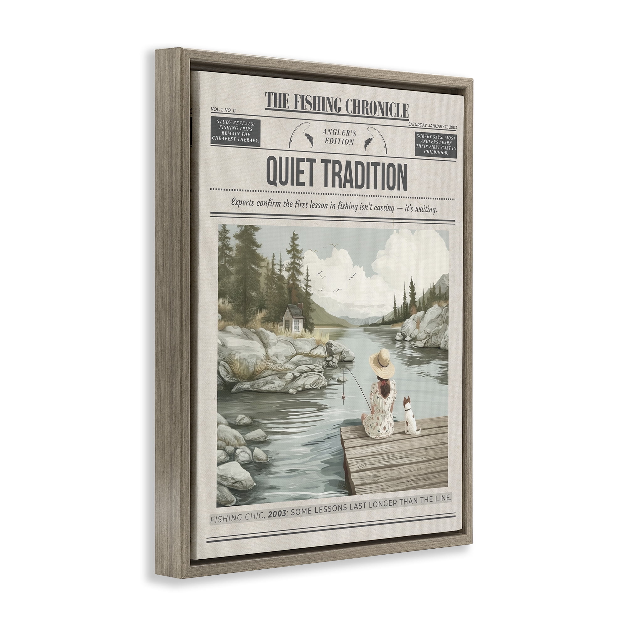 Stupell Industries Fishing Chronicle Magazine Brown Framed Floater Canvas Wall Art, design by A Barefoot Stylist