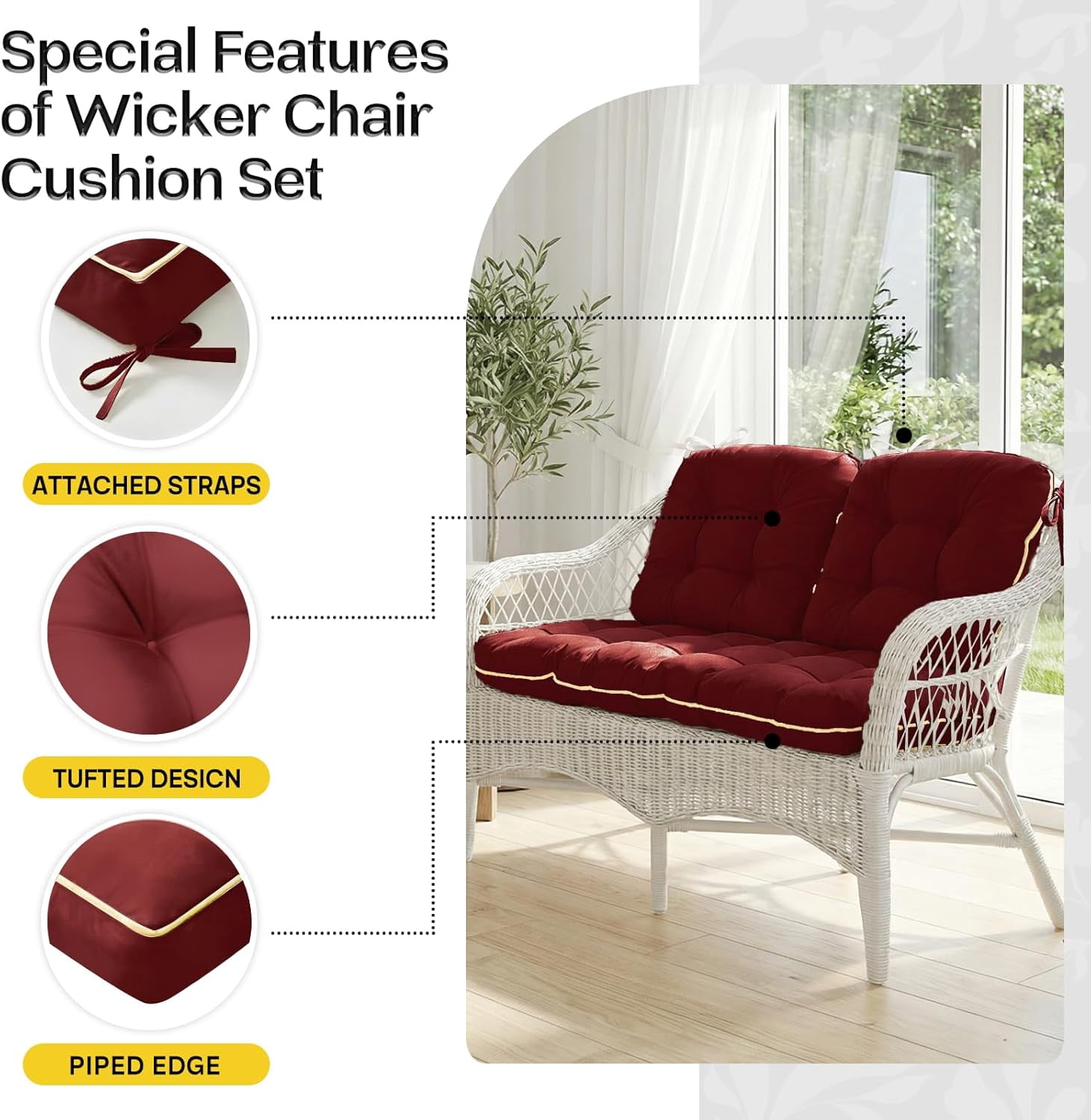 Wicker Chair Cushions 3 Pieces Set for Outdoor Furniture, Replacement Patio Wicker Furniture Cushions, 1Pc Loveseat Cushion & 2Pcs Chair Cushions (Burgundy)