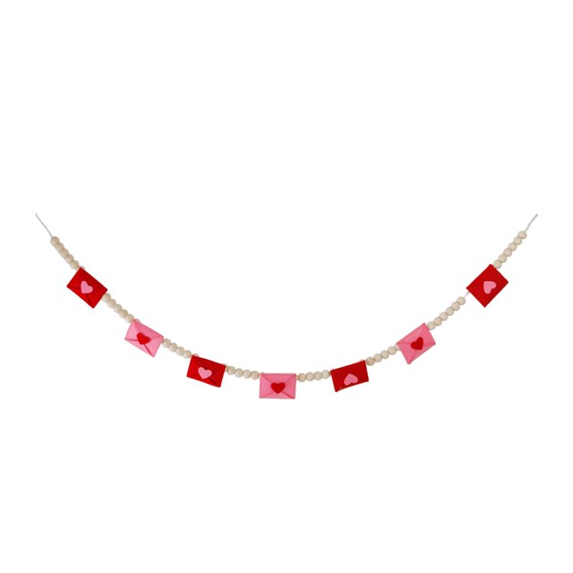 Guirnalda de cuentas de madera con sobre de corazón de fieltro, adorno decorativo para el Día de Valentín, pancarta de fieltro rojo y rosa para el