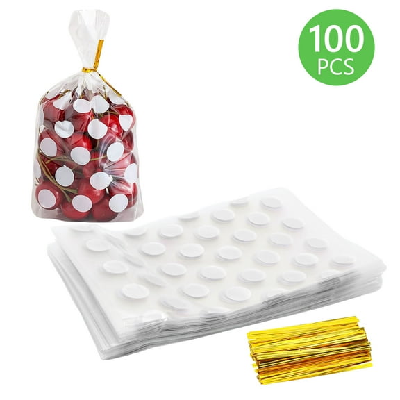 Tripumer 100 Pcs Clear Cellophane Bags with White Dot Treat Bags Twist Ties Bottom Gusset Bags Plastic Treat Goodie Bags for Small Gift Party Favors Cookie Candy Popcorn