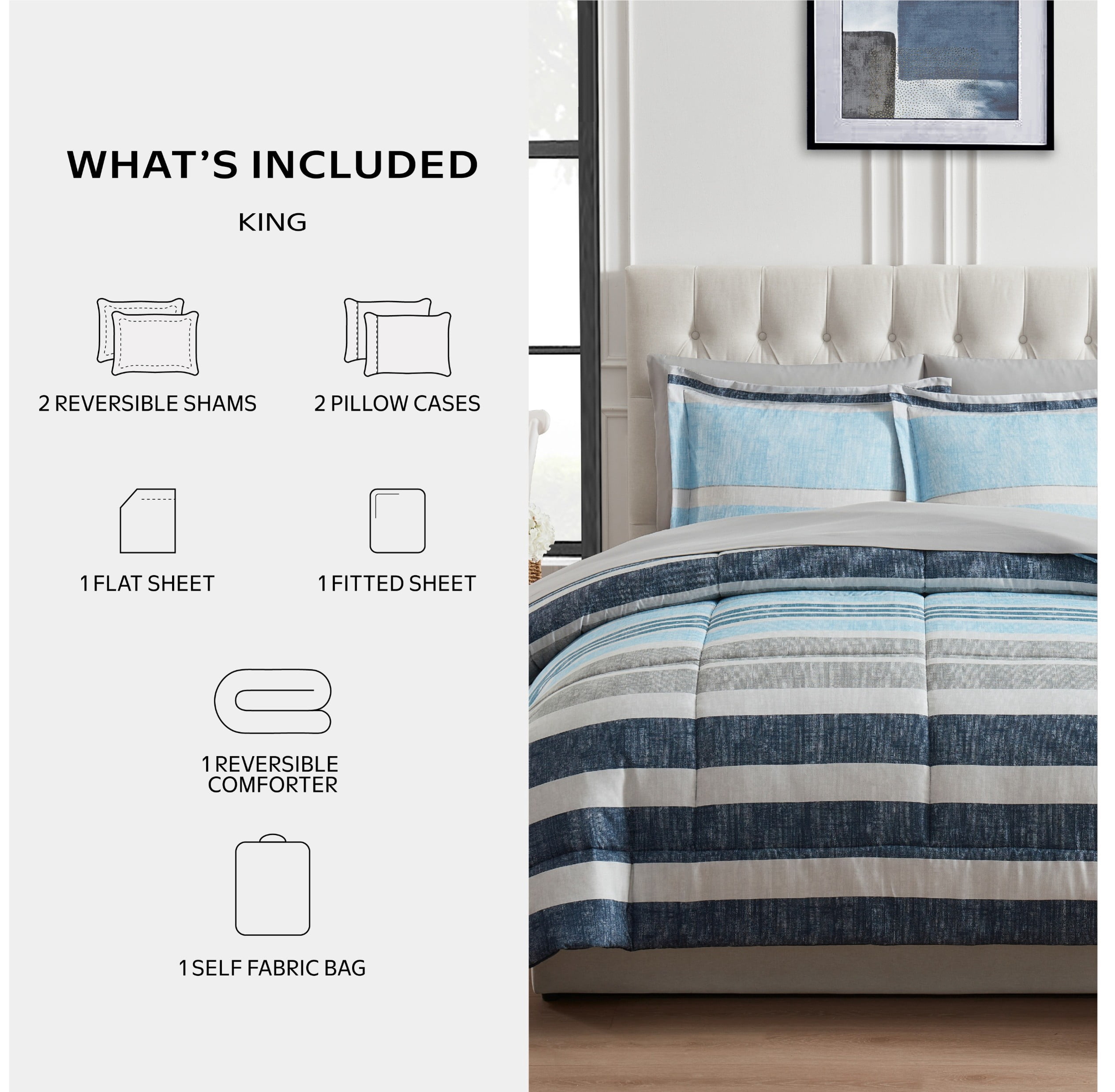 Mainstays All in One Reversible Comforter and Sheet set- 7 Piece, King, Blue Stripe