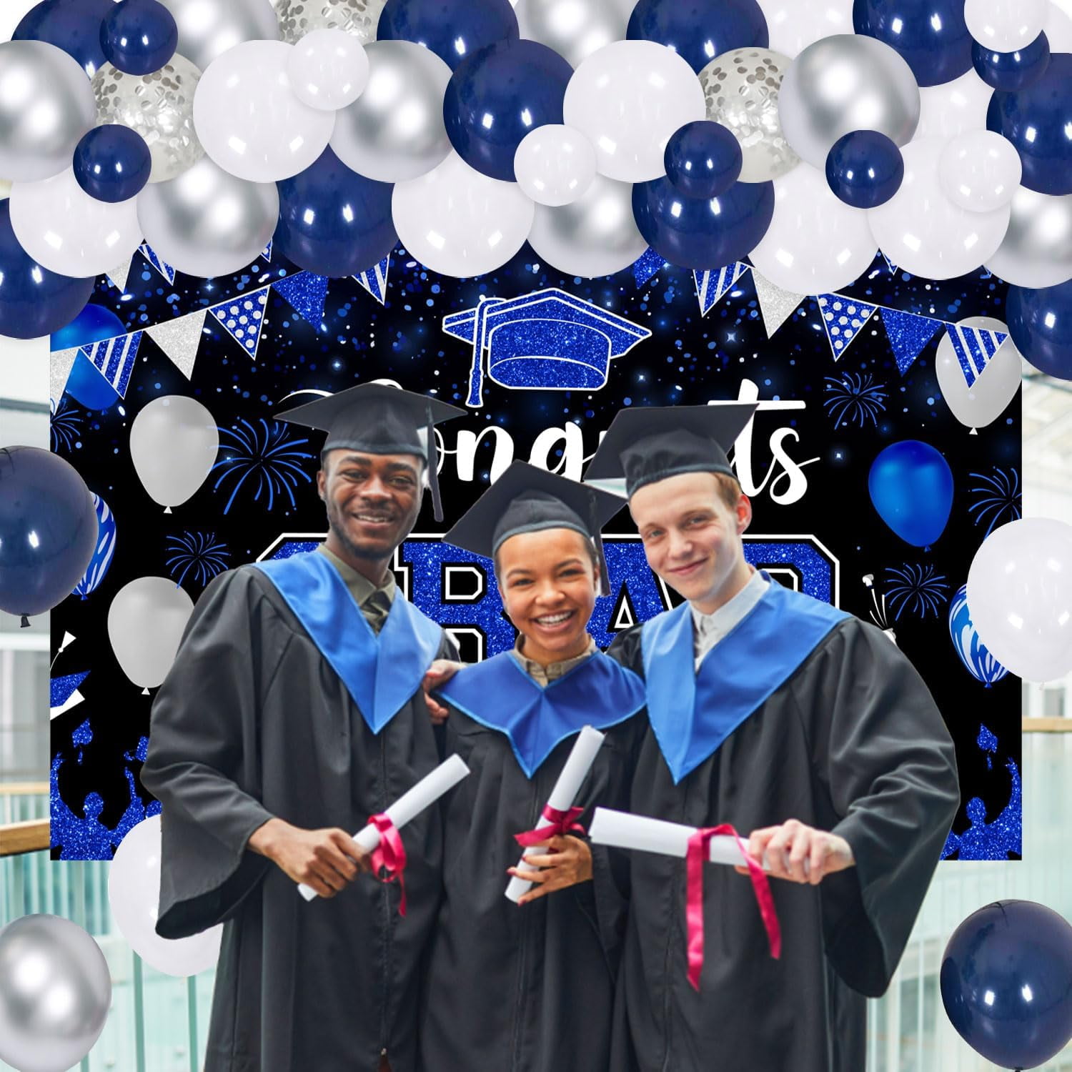 73Pcs Congrats Grad Decorations 2024, Navy Blue and Silver Graduation Decor with Congrats Grad Backdrop Navy Blue Silver Balloon Garland Arch Kit for Class of 2024 Grad Prom Graduation Supplies