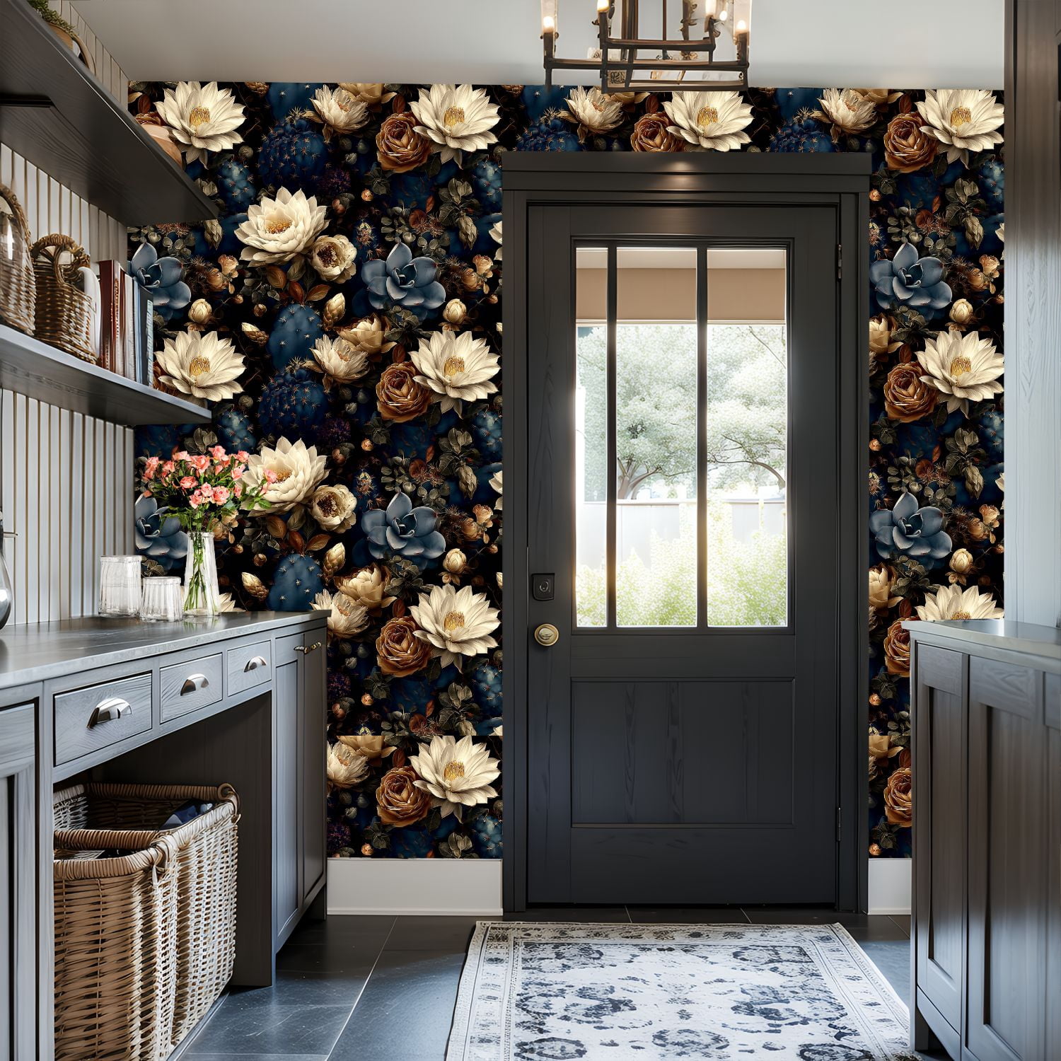 Peel and Stick Wallpaper Vintage Floral Design White Lotus Roses Cactus Dark Wall Mural 17.7in x 9.8ft Self Adhesive Removable Wall Paper Renter Friendly Wallpaper for Nursery Bedroom Cabinets