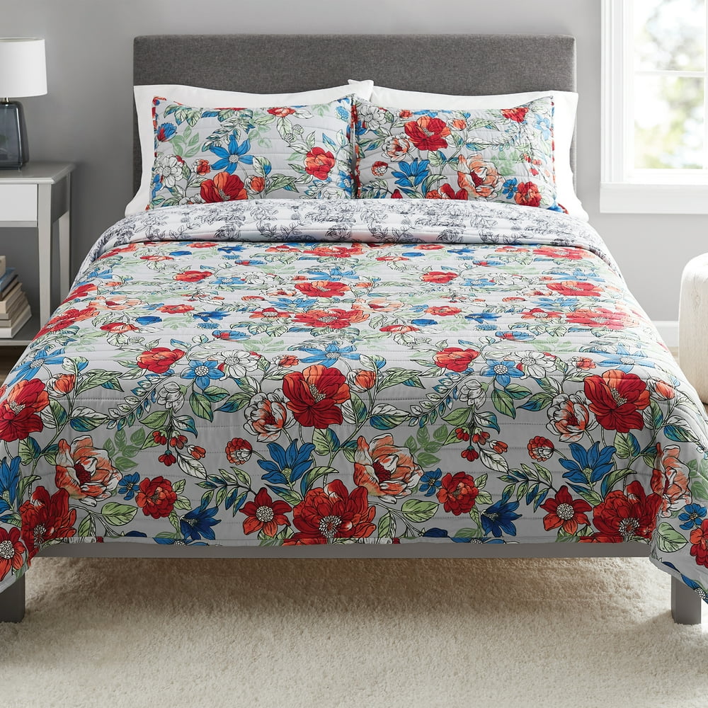 Mainstays Grey Floral Reversible QuiltinaTote Bed Set, King