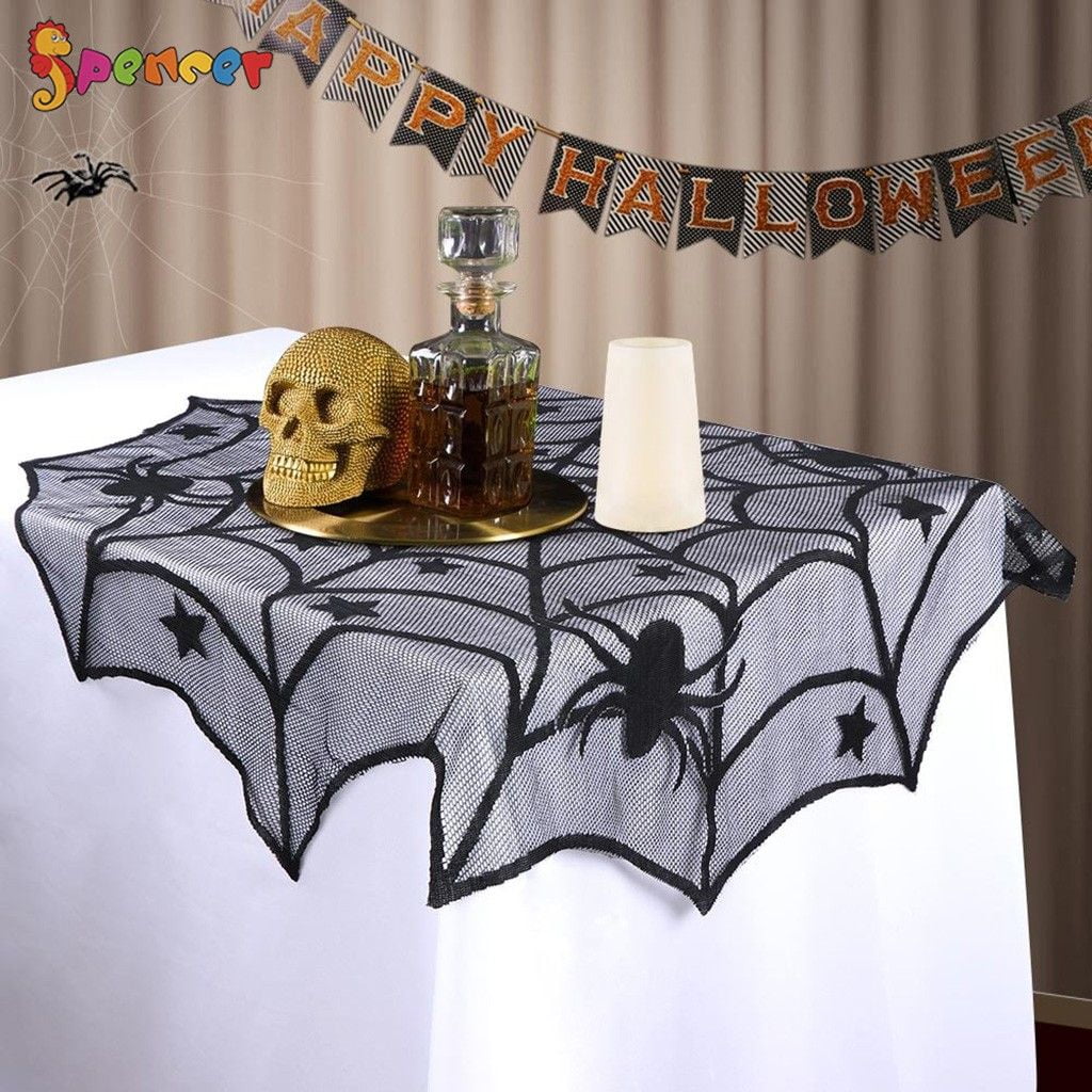 SpencerToys 40' Round Lace Spider Web Tablecloth, Black Table Topper Perfect for Halloween Party Dinner Table Decoration
