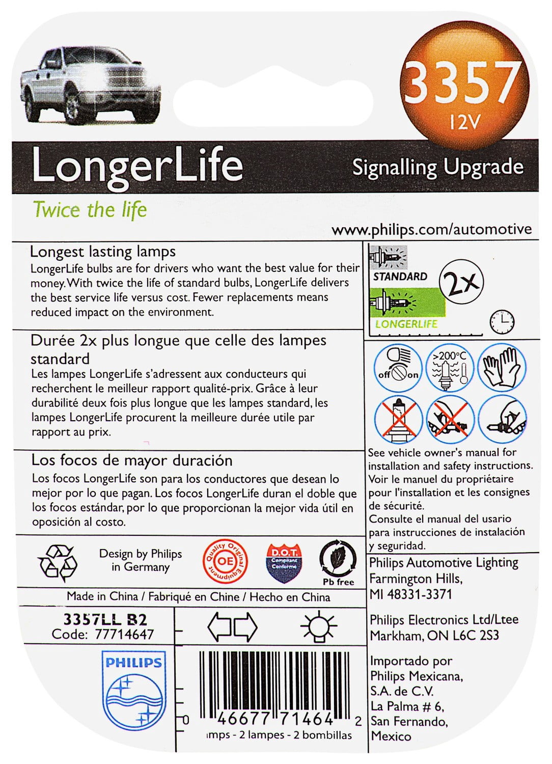 Philips LongerLife Miniature 3357LL, Pack of 2