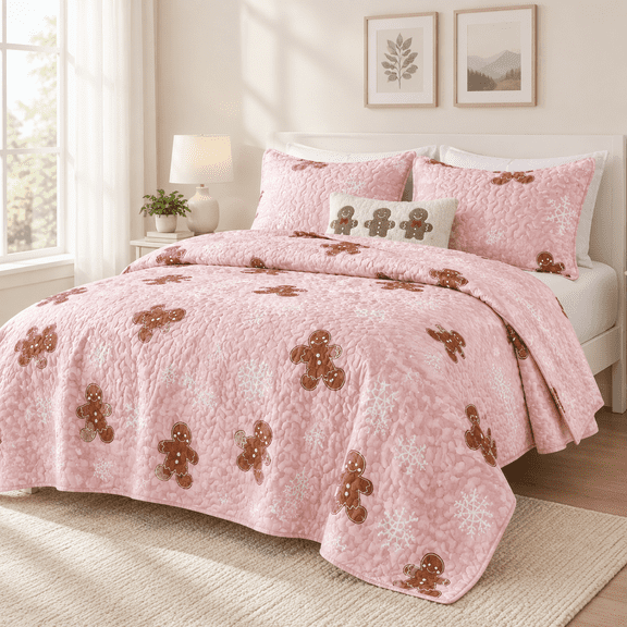 Mas Quilt Set Queen Size Pink Gingerbread Bedding