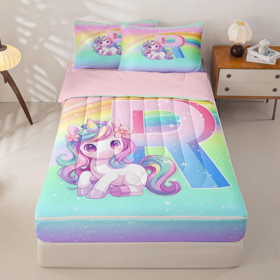 Homewish Cute Rainbow Unicorn Zipper Twin Comforter Sets with Fitted Sheet and 2 Pillowcases,Watercolor Alphabet R Girls Personalized Gifts Zipper Bedding Set For Kids,Pink Reversible,4 Pieces