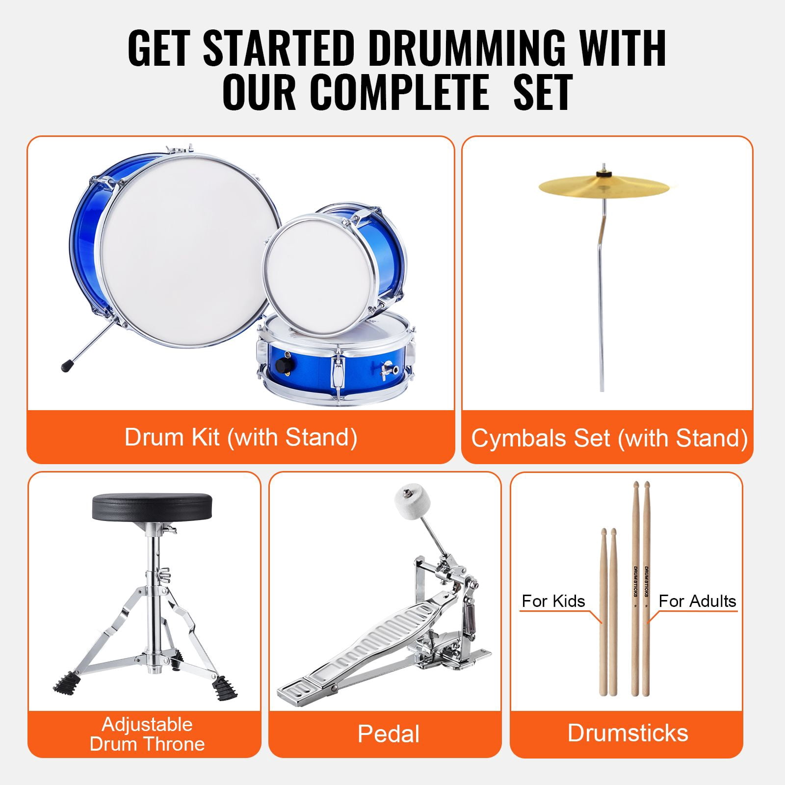Kids Drum Set, 3-Piece, 14 in Beginner Drum Set with Adjustable Throne Cymbal Pedal Two Pairs of Drumsticks, 8" Tom Drum 10" Snare Drum 14" Bass Drum, Starter Drum Kit for Child Kids, Blue