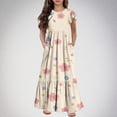thumbnail image 2 of THDHVS Girls Dresses Kids Summer Ruffle Short Sleeve Crew Neck Floral Casual Flowy Tiered Maxi Dress with Pockets for 6-12 Years, 2 of 5