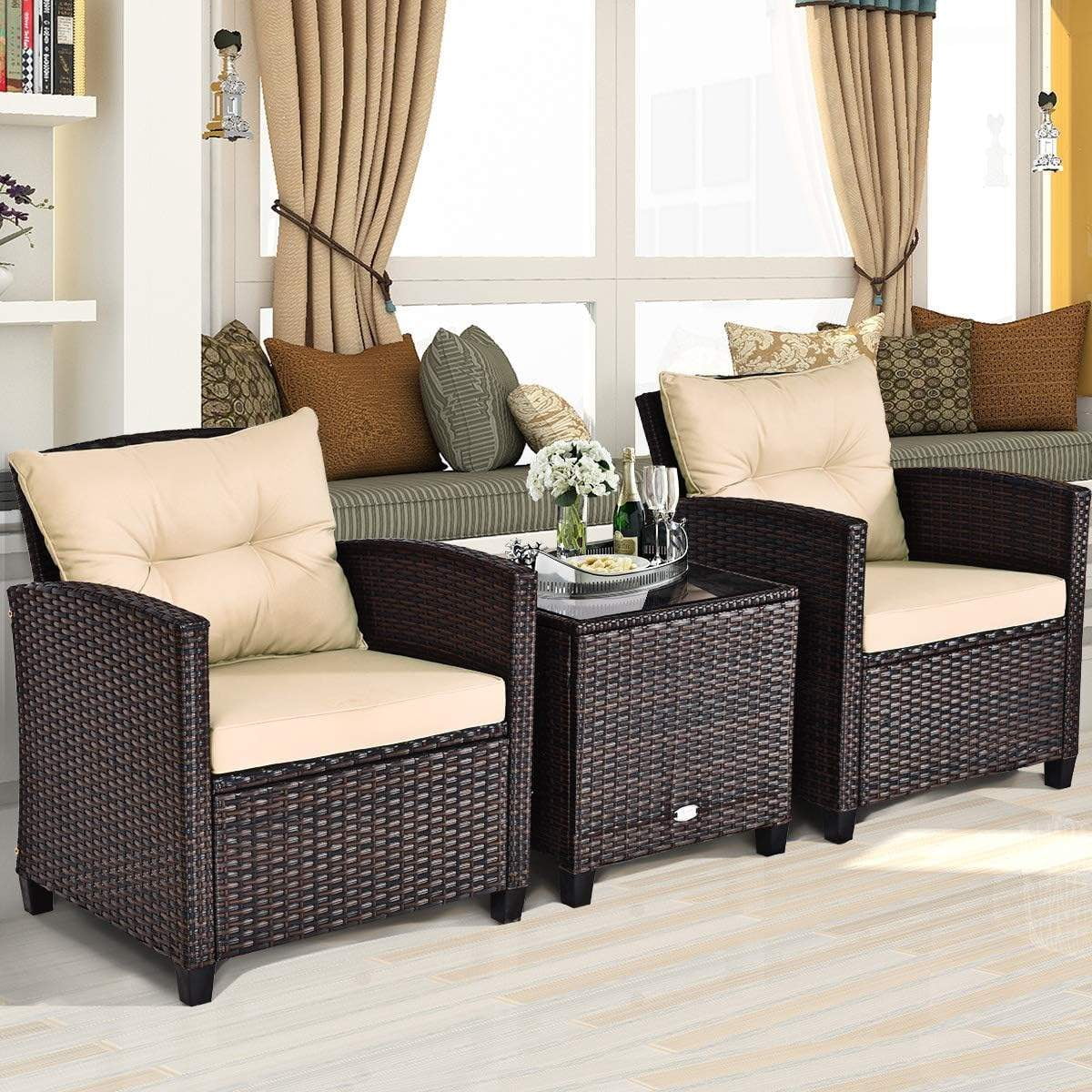 3-Piece Outdoor Patio Sofa Set with Washable Cushions and Tempered Glass Tabletop, Beige