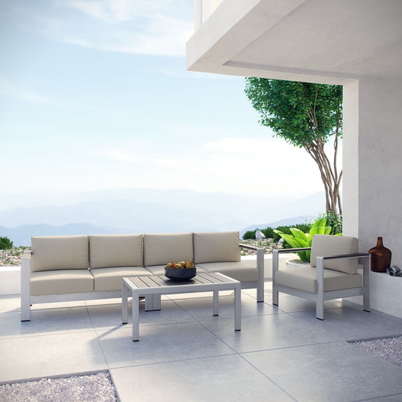 Modway Shore 4 Piece Outdoor Patio Aluminum Sectional Sofa Set in Silver Beige