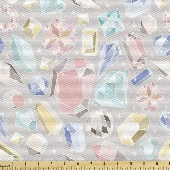 Diamonds Fabric by the Yard, Pastel Color Baguette Square and Oval Shapes Feminine Design Star Filled Backdrop, Decorative Upholstery Fabric for Chairs & Home Accents, 5 Yards, Multicolor by Ambesonne