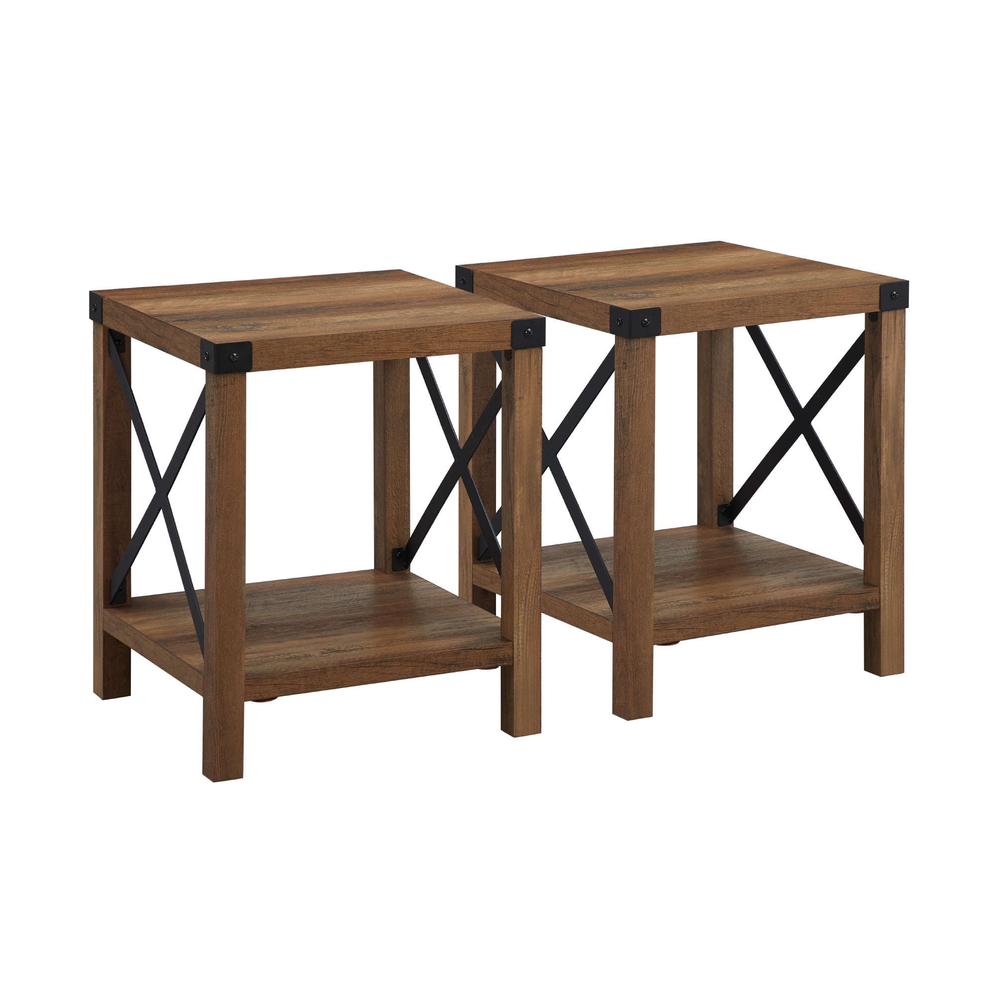 Walker Edison Farmhouse Open Storage Side Table, Set of 2, Reclaimed Barnwood