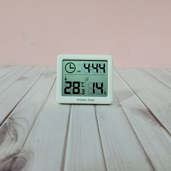 Protmex Tools Thermo-hygrometers, Digital Thermometer Hygrometer with Large LCD Display, Indoor Temperature and Humidity Gauge with Time, Mini Weather Station for Home, Office