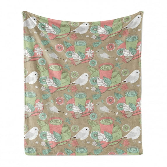 Natural Soft Flannel Fleece Blanket, Tea Cups with Birds Flowers Lemon Slices and Leaves in Retro Colors, Cozy Plush for Indoor and Outdoor Use, 50" x 70", Pale Green Blush and Dusk, by Ambesonne