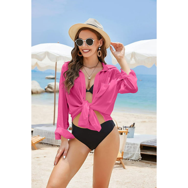 WoMens Beach Cover Up Shirt Button Up Swimsuit Swim Coverups Swimwear Hot  Pink X-Large 