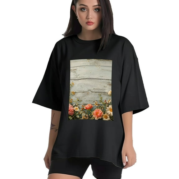 Plus Size Shirt for Women Black Tops for Women Short Sleeves Shirt for Women Flower Wood (1) T Shirt Crewneck Shirt for Women XS