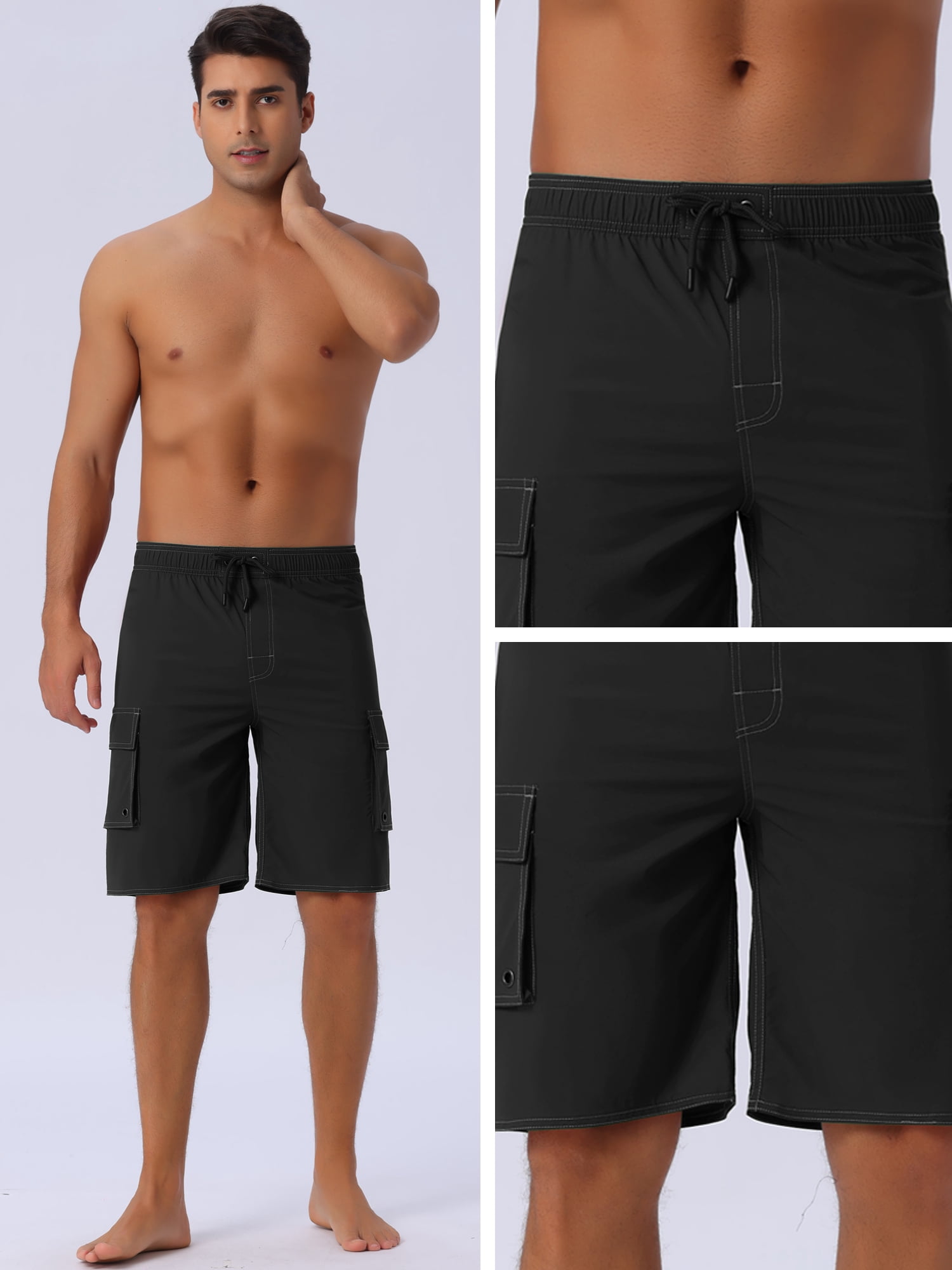 DARING DIVA Men's Solid Color Side Pockets Lining Summer Board Shorts 36 Black