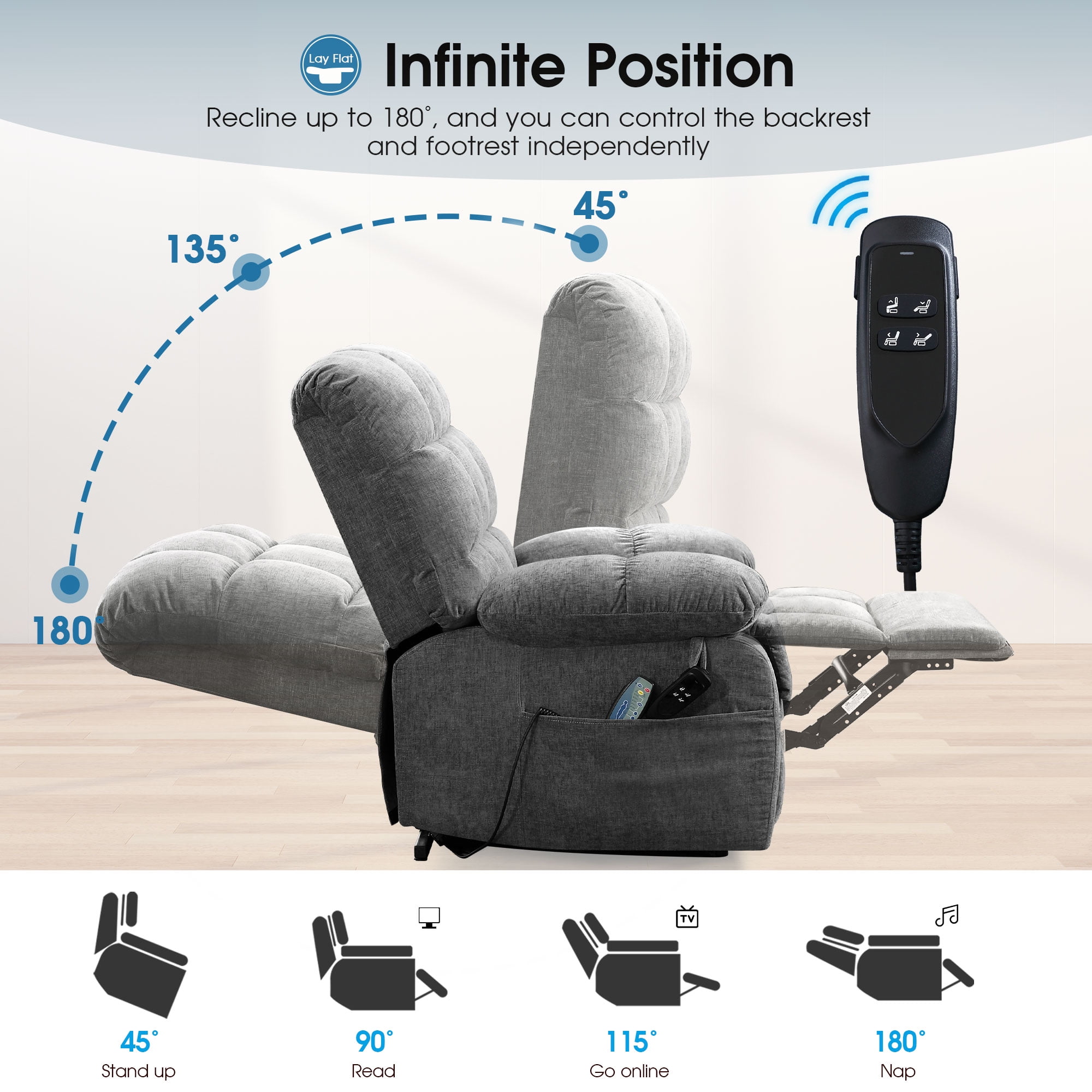 BedLuxury Lay Flat Recliner Power Lift Chair for Elderly with Massage and Heat,Dual Motor Big and Tall Recliner for Living Room with Side Pockets,Infinite Position(Grey)