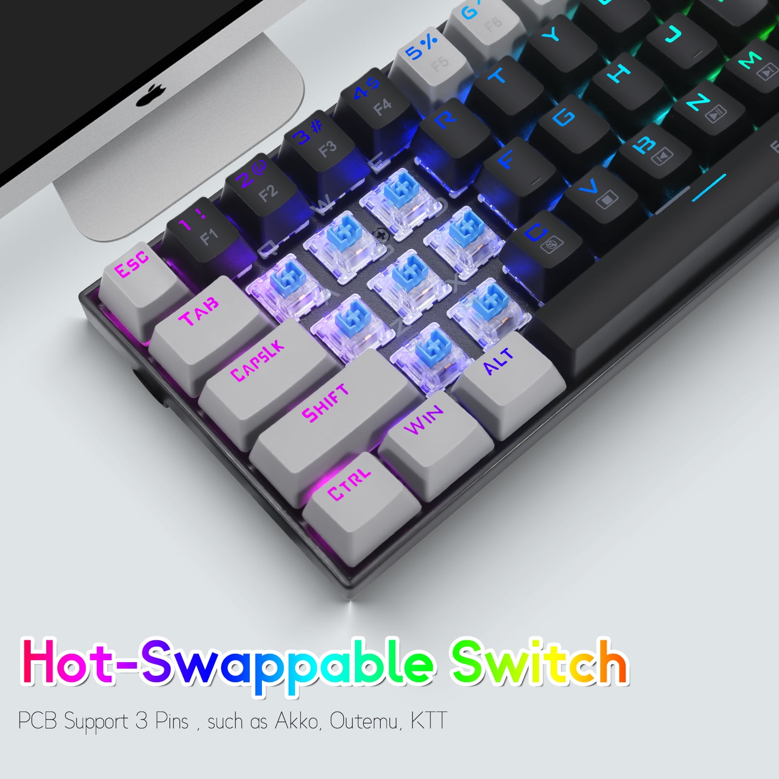 65% RGB Gaming Keyboard, E-YOOSO Z-686 Wired 68 Keys Mechanical Keyboard, Clicky Blue Switches, Pro Software Supported, Detachable Cable, Separate Arrow Keys - Black/Grey