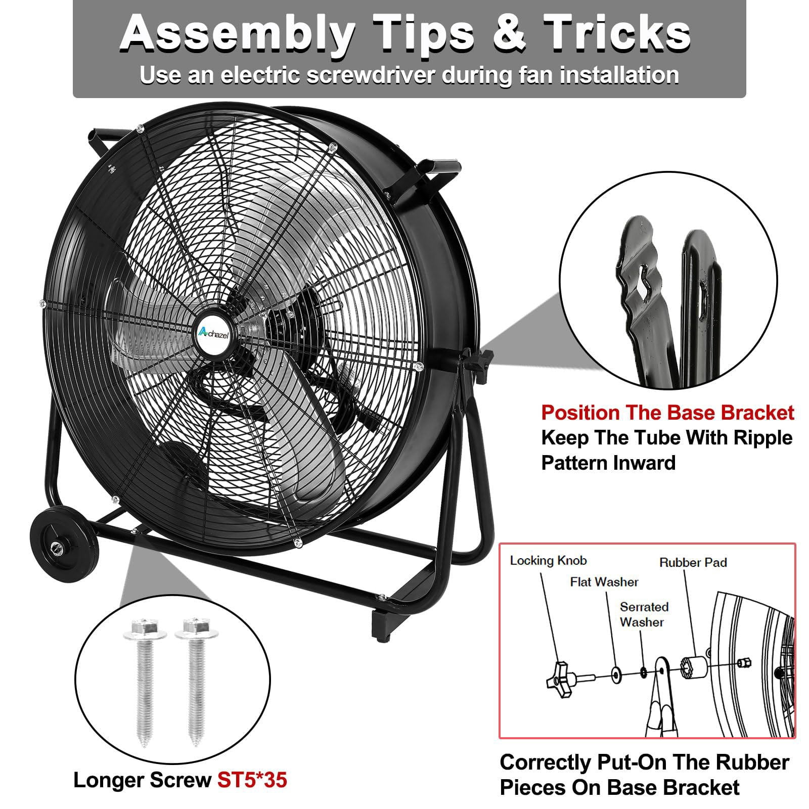 Achazel 24 Inch Industrial Drum Fan, 3-Speed Heavy Duty 8100 CFM Air Circulation High Velocity Floor Fan for Warehouse Workshops Garage Cooling Black