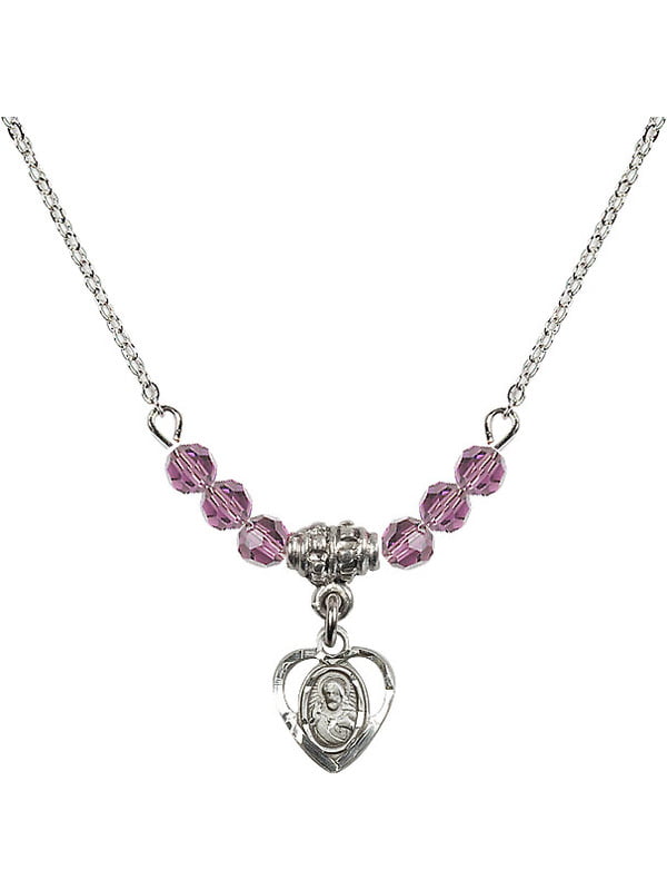 Bonyak Jewelry 18 Inch Rhodium Plated Necklace w/ 4mm Light Purple February Birth Month Stone Beads and Miraculous 