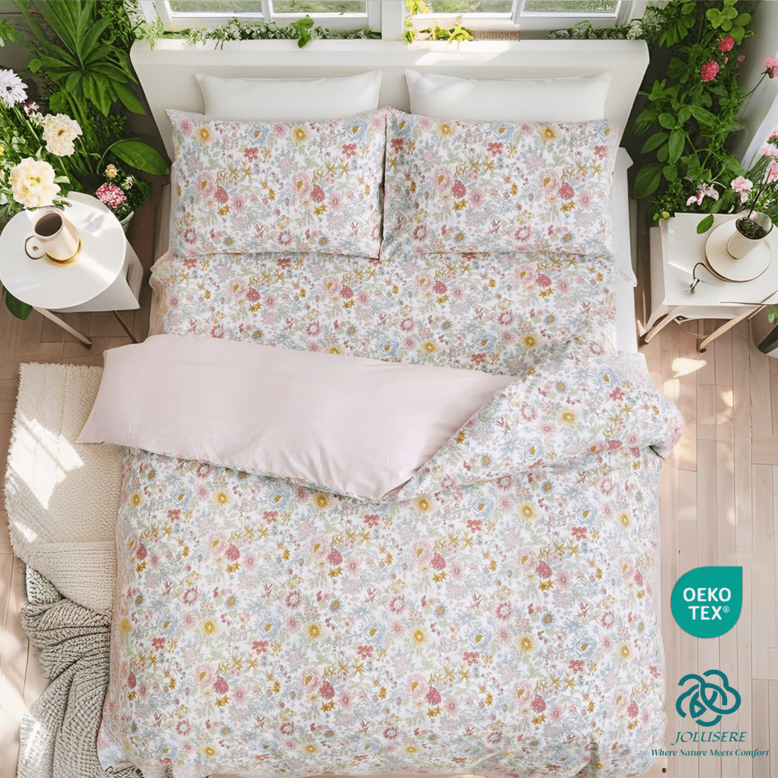 JOLUSERE 100% Organic Cotton Duvet Cover Sets King Size, 3 Pieces Colorful Pink Floral Reversible Soft Bedding Sets