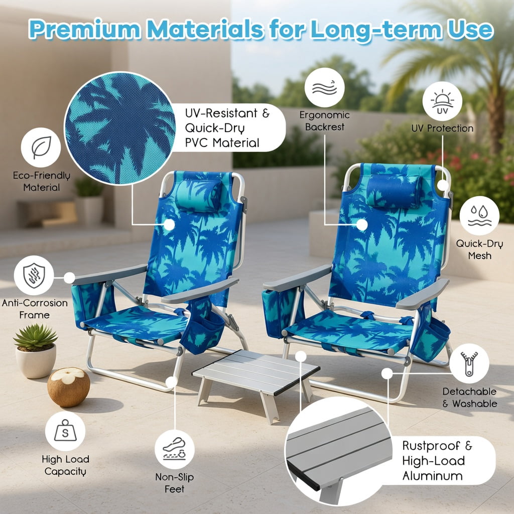 Hommoo 2-Pack Adjustable 5-Position Folding Beach Chairs with Portable Side Table, Aluminum Frame, Perfect for Camping, Fishing & Outdoor Relaxation, Navy