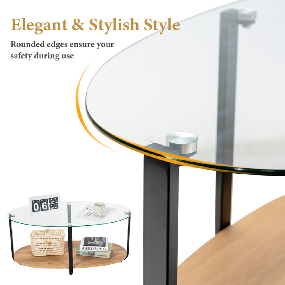 Finihen Glass Coffee Table, Oval Coffee Table, 2-Tier Glass-Top Oval Coffee Table with Wooden Shelf, for Living Room, Reception Room, Brown Finihen Glass Coffee Table, Oval Coffee Table, 2-Tier Glass-Top Oval Coffee Table with Wooden Shelf, for Living Room, Reception Room, Brown