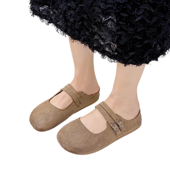 longantii Women's Suede Mary Jane Mules, Adjustable Strap Round Toe Slip On Flats, Comfortable Lightweight Casual Walking Shoes for Daily & Outdoor Wear Khaki