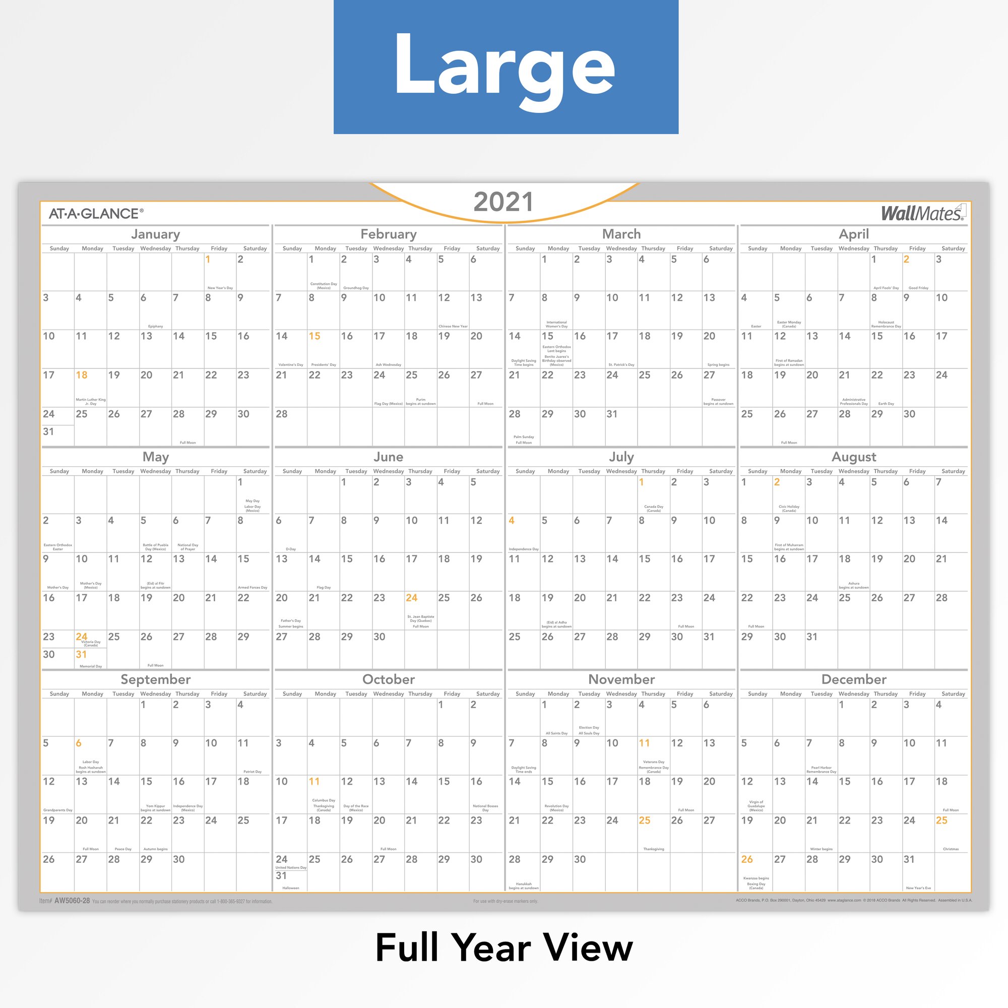 AT-A-GLANCE WallMates Self-Adhesive Dry-Erase Yearly Calendar, 24" x 18", January 2021 to December 2021 - AW50602821