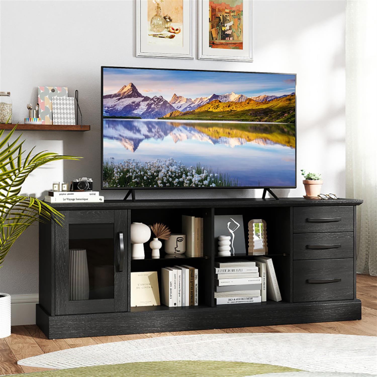 Demi Bonn TV Stand for 65" TVs, Entertainment Center with 3 Drawers and 2 Glass Shelves, Modern Media TV Console Table for Living Room Bedroom, Black