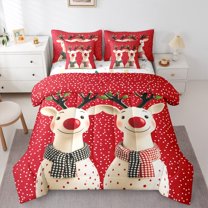jejeloiu Cartoon Christmas Reindeer 7pcs Bedding Comforter Set,Geometric Polka Dots Queen Bedding Sets,Red White Black Queen Sheet Sets For Girls,Microfiber Bedroom Decor Reversible