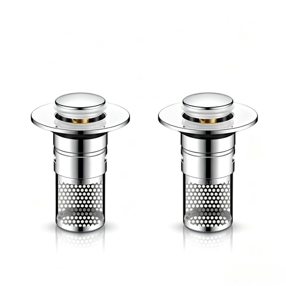 2‑Pack Pop‑Up Bathroom Sink Stopper, Brass Core Sink Drain Strainer with Removable Stainless Steel Hair Catcher Basket, Anti‑Clog Sink Drain Filter for Bathroom Vanity Sinks