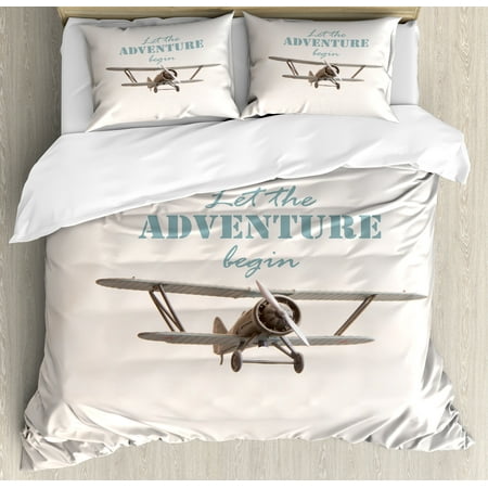 Tan Bedding Set Adventure Duvet Cover Set, Let The Adventure Begin Inscription and Biplane Tropical Summer Vacation, Decorative Bedding Set with Pillow Shams, Cream Turquoise Tan, by Ambesonne ()
