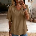 thumbnail image 5 of Women's Bohemian Raw Edge Cotton Linen Blend Short Sleeve Tunic Top Loose Fit Casual Blouse Summer Vacation Outfit Lightweight Everyday Wear Khaki XL, 5 of 8