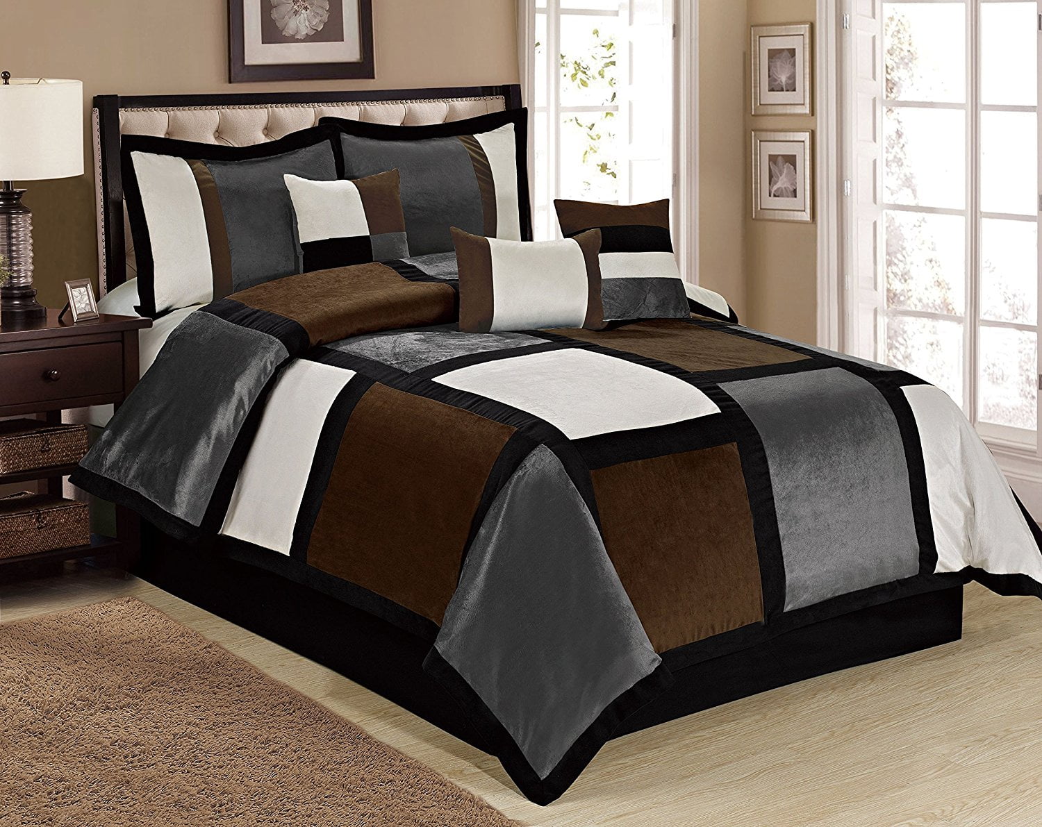 Unique Home 7 Piece BRANDY big square Clearence patchwork Comforter Set