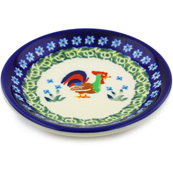 Polish Pottery Small Dessert Plate (Country Rooster Theme) Signature UNIKAT Hand Painted in Boleslawiec, Poland Certificate of Authenticity
